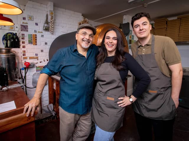 Florios is expanding into Palmerston Road in Southsea following the success of their deli and pizzeria in Old Portsmouth. Pictured: Owner Alex Florio with his son Max and daughter Izzy at Florios Old Portsmouth on Thursday 27th July 2023.