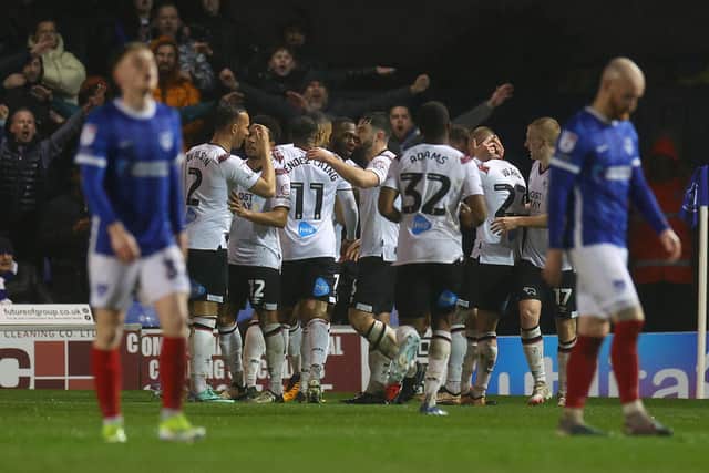 Derby's Joe Ward celebrates one of his goals against Pompey  in April. Pic: Getty.