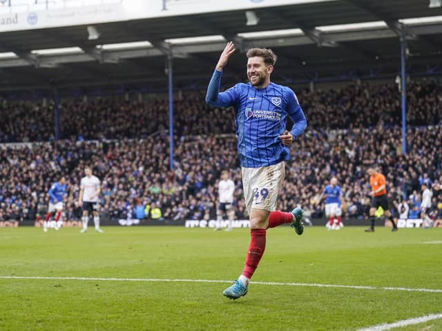 Pompey's Callum Lang celebrates his incredible four-goal haul against Coventry City today. Pic: Jason Brown/ProSportsImages