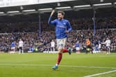 Pompey's Callum Lang celebrates his incredible four-goal haul against Coventry City today. Pic: Jason Brown/ProSportsImages