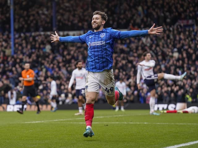 Pompey's Callum Lang celebrates one of his four goals against Coventry today. Pic: Jason Brown/ProSportsImages