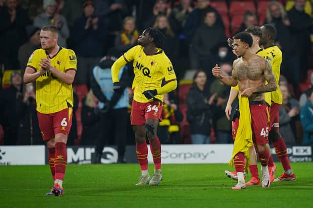 Kwadwo Baah celebrates Watford's last-gasp 2-1 win over Pompey on Boxing Day. Picture: Yui Mok/PA Wire.