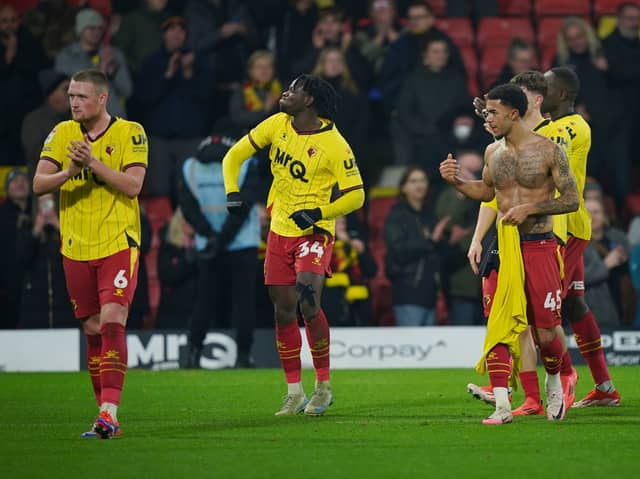 Kwadwo Baah celebrates Watford's last-gasp 2-1 win over Pompey on Boxing Day. Picture: Yui Mok/PA Wire.