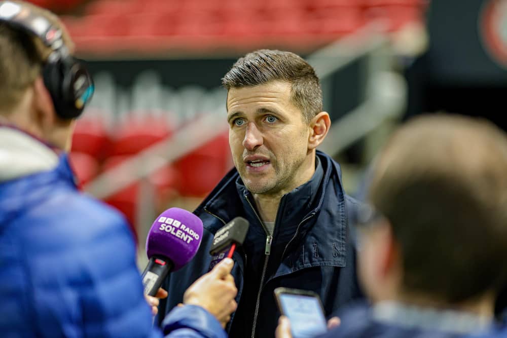 John Mousinho talks to the media after Sunday's 3-0 defeat at Bristol City