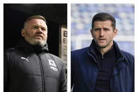 Wayne Rooney, left, and current Pompey boss John Mousinho, right