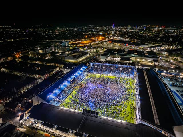 A spectacular drone shot of fans invading the pitch after Pompey beat Barnsley 3-2 at Fratton Park - following a last minute header from Conor Shaughnessy - to secure themselves as champions of League One.