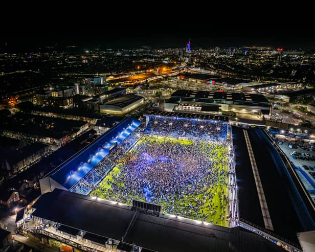 A spectacular drone shot of fans invading the pitch after Pompey beat Barnsley 3-2 at Fratton Park - following a last minute header from Conor Shaughnessy - to secure themselves as champions of League One.