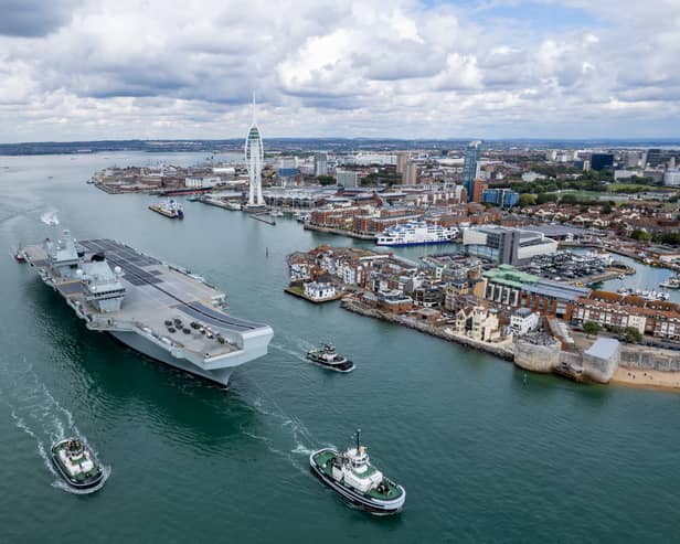 HMS Prince of Wales leaving Portsmouth to carry out operations in the south of England.