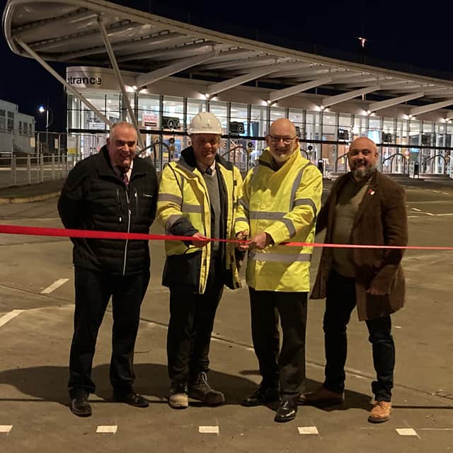 The Hard Interchange reopened on Thursday, January 2, 2025. Pictured is Colin Ashcroft, operations manager, Stagecoach, Simon French, managing director of Mildren Construction, Cllr Peter Candlish, cabinet member for transport, Portsmouth City Council, and Matt Griffith, operations manager of First Bus