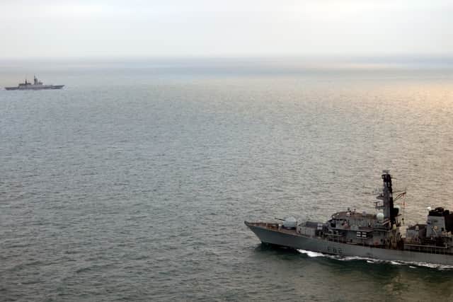 HMS Somerset (foreground) maintaining watch on Russian corvette RFS Soobrazitelny. Nearly 200 Royal Navy sailors were recalled to their ship on Christmas Day to deploy to shadow Russian warships for 500 miles in the North Sea and through the English Channel.