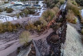 Bridgewater Canal, which is in Dunham Massey, Greater Manchester, has completely given way on one side and water has instead gone into a neighbouring field. 