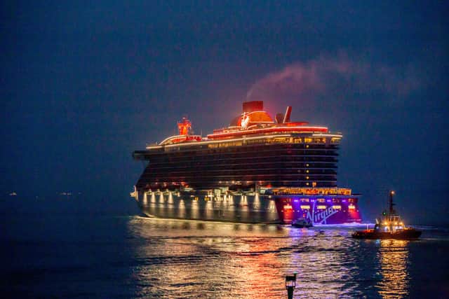Cruise ship, Scarlet Lady leaving Portsmouth for the final time after 8pm on Friday 3rd September 2021. Valiant Lady and Resilient Lady have all visited the city in recent years.