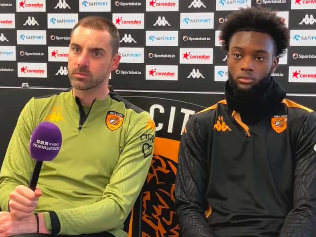 Abu Kamara, right, with Hul boss Ruben Selles during their joint-press event on Friday