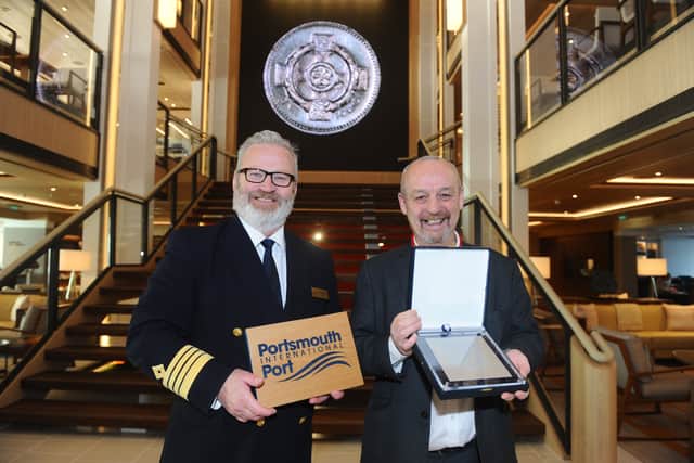 Captain of Viking Vela Rune Loekling, with Ian Diaper, deputy director of Portsmouth International Port, during the traditional plaque exchange ceremony.