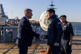 Luke Pollard MP has praised the “cutting-edge” capabilities of RFA Proteus during a tour of the ship in Portsmouth. Pictured- Fleet Commander (right) welcomes Minister of the Armed Forces, Luke Pollard MP (left) onboard RFA Proteus.