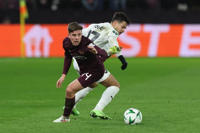 Cammy Devlin in UEFA Conference League action for Hearts this season
