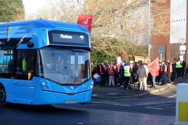 Picketline for striking bus drivers in despite over pay and reinstatement of conditions at the First Bus (Solent) depot in Fareham