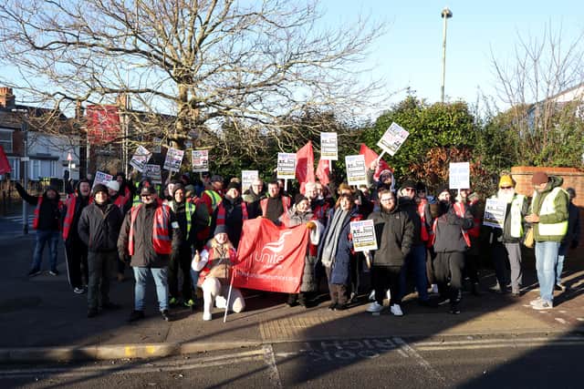 Picketline for striking bus drivers in despite over pay and reinstatement of conditions at the First Bus (Solent) depot in Fareham