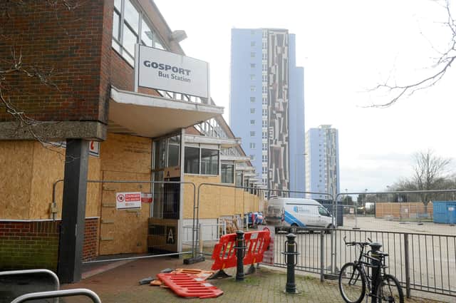 Hoardings have been put up around Gosport Bus Station ahead of its demolition. Picture: Sarah Standing (100125-1491)