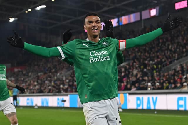 Morgan Whittaker celebrates scoring for Plymouth against Brentford in the third round of the FA Cup