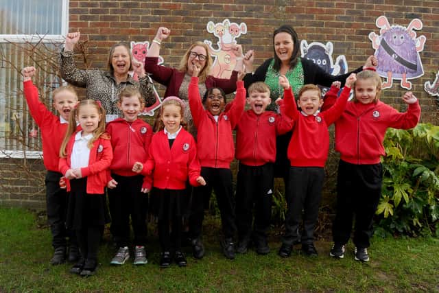 Gomer Infant School in Pyrford Close, Gosport, have received a positive result in their recent Ofsted report.

Pictured is: (back l-r) Claire Woollett, assistant headteacher for inclusion, Sarah Duffy, executive headteacher and Emma Lloyd, head of school with (front l-r) Rupert (6), Darcie (5), Leah (6), Bonnie (5), Isaac (7), Teddy (7), Alfie (5) and Eloise (6). Picture: Sarah Standing (140125-1584)