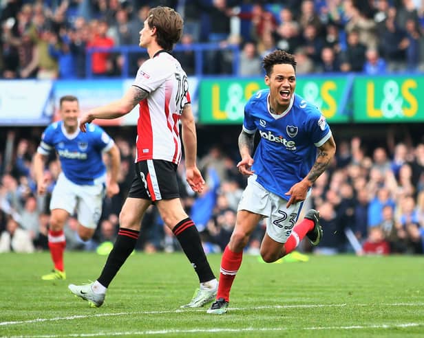 Kyle Bennett celebrates scoring Pompey's second in the 6-1 demolition of Cheltenham which clinched the League Two title in May 2017. Picture: Harry Murphy/Getty Images