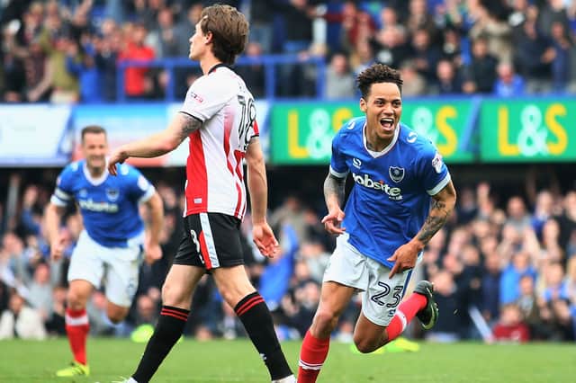 Kyle Bennett celebrates scoring Pompey's second in the 6-1 demolition of Cheltenham which clinched the League Two title in May 2017. Picture: Harry Murphy/Getty Images