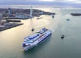 Brittany Ferries' newest vessel, the LNG-powered Saint Malo, will be making her first commercial trip in February this year. Pictured is the new ferry sailing into Portsmouth.