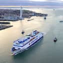 Brittany Ferries' newest vessel, the LNG-powered Saint Malo, will be making her first commercial trip in February this year. Pictured is the new ferry sailing into Portsmouth.