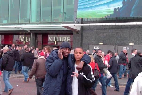 A 17-year-old Kyle Bennett with dad Paul outside Old Trafford ahead of Manchester United's Champions League clash with Barcelona in April 2008.