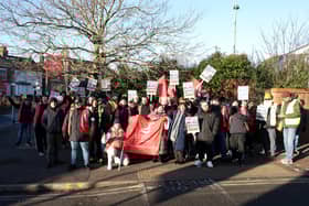 Picket line for striking bus drivers in despite over pay and reinstatement of conditions at the First Bus (Solent) depot in Fareham, Hampshire, UK, on January 11. Further strikes dates have been announced for the Portsmouth area.