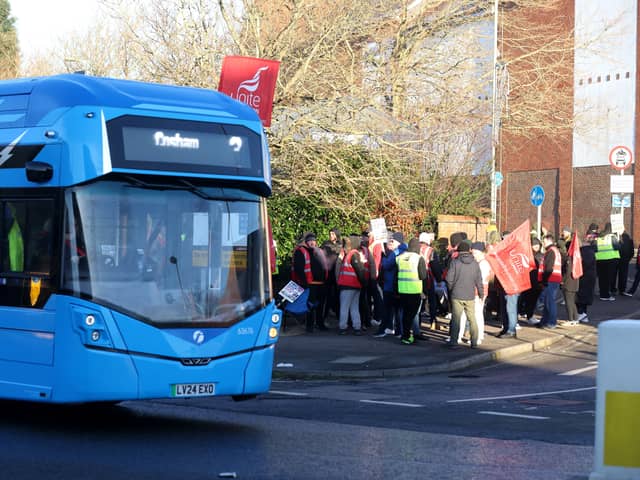 Unite union said directors at First Bus Solent are acting like "stroppy children" after ongoing pay talks stalled. Pictured: Picket line for striking bus drivers in despite over pay and reinstatement of conditions at the First Bus (Solent) depot in Fareham, Hampshire, UK, on January 11.