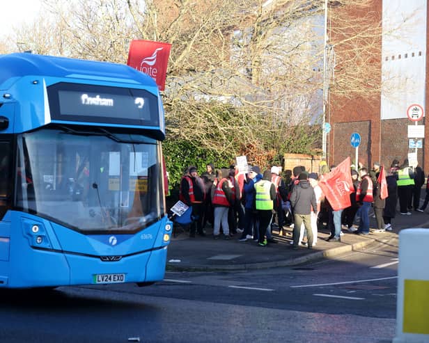 Unite union said directors at First Bus Solent are acting like "stroppy children" after ongoing pay talks stalled. Pictured: Picket line for striking bus drivers in despite over pay and reinstatement of conditions at the First Bus (Solent) depot in Fareham, Hampshire, UK, on January 11.