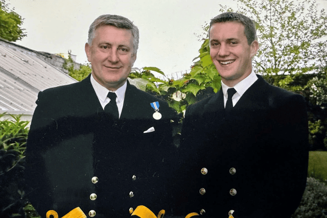 Cdre Jeffrey Blackett alongside his son William in 2004. The Blackett family have served in the Royal Navy for 100 years.