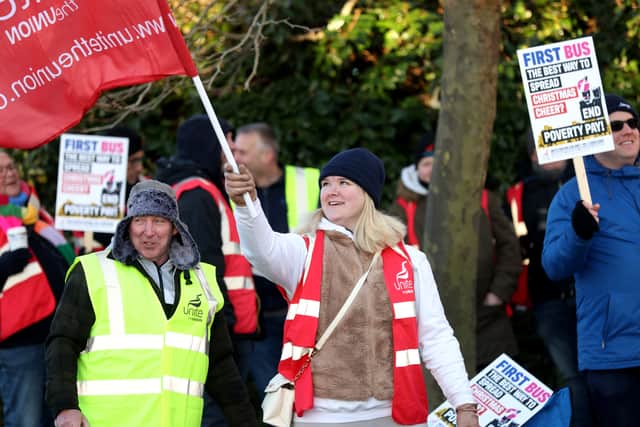 Fresh strikes have been announced across the Portsmouth area throughout February. Pictured: Picket line for striking bus drivers in despite over pay and reinstatement of conditions at the First Bus (Solent) depot in Fareham, Hampshire, UK, on January 11.