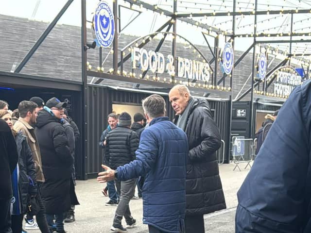 Pompey owner Michael Eisner with Andy Cullen in the Fratton Park fan zone today. Pic credit: Jeff Harris
