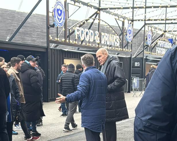 Pompey owner Michael Eisner with Andy Cullen in the Fratton Park fan zone today. Pic credit: Jeff Harris