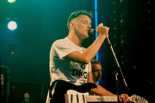 Bernard Sumner of New Order, performing True Faith at The Roxy TV Show, Newcastle-Upon-Tyne 7/21/87.