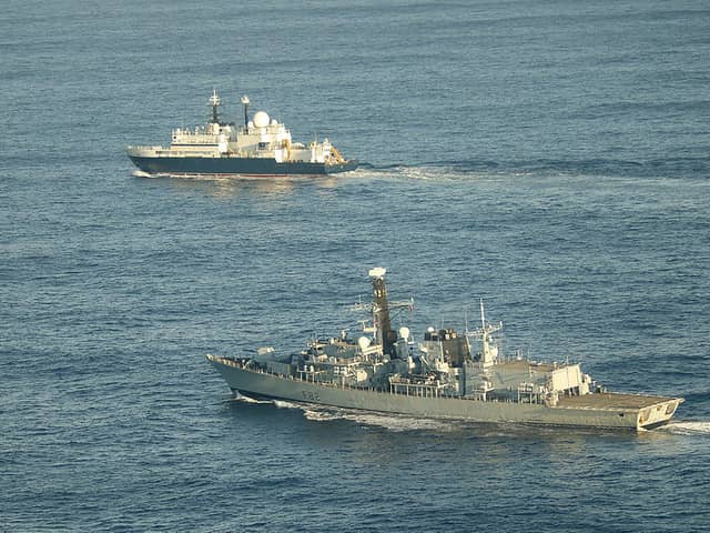Royal Navy frigate HMS Somerset flanking Russian ship Yantar near UK waters, with Portsmouth-based ship HMS Tyne also deployed to keep her eyes on the vessel.