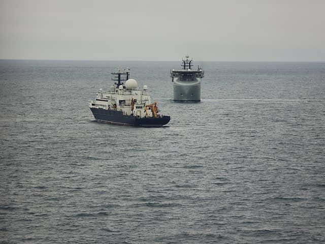 RFA Proteus monitoring Russian ship Yantar in November 2024. The Russian spy ship was spotted again in the south coast and English Channel, with HMS Tyne and HMS Somerset being deployed to shadow her.
