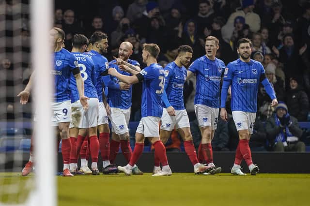 Pompey celebrate Connor Ogilvie's goal which sealed a 3-1 success over Stoke. Picture: Jason Brown/ProSportsImages