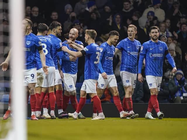 Pompey celebrate Connor Ogilvie's goal which sealed a 3-1 success over Stoke. Picture: Jason Brown/ProSportsImages