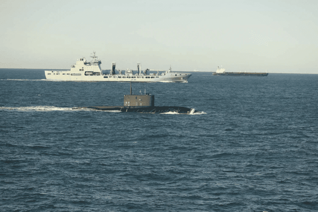 RFA Tidesurge monitoring the Russian submarine Novorossiysk.