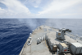 HMS Spey fired her guns and were involved in several drills while training with the French Carrier Group in the Indo-Pacific, alongside the France flagship FS Charles de Gaulle.