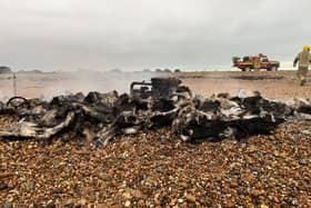 A washed up boat was set alight on West Beach in Hayling Island with the coastguard warning to stay away with "toxic gasses" harmful to pets.
