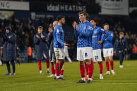The Pompey players applaud the fans in the away end at the final whistle