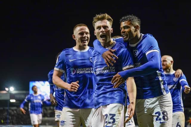 Owen Moxon celebrates scoring for Pompey against Derby in April 2024. Now he is on loan at Wigan.