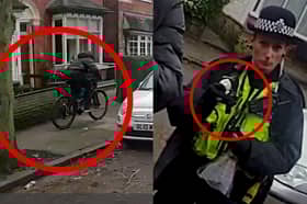 Man with a knife is chased down by police officer on a bike.