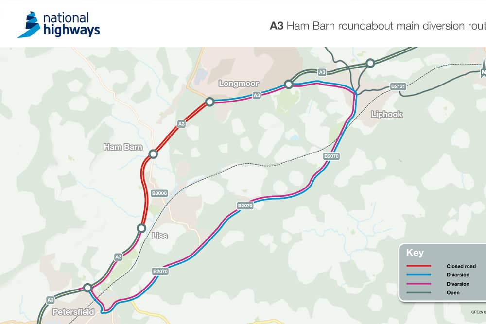 A3 Ham Barn Roundabout diversion route