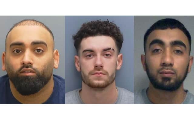 Men jailed for a total of more than 12 years after scamming people out of cash and jewellery worth £416,000

Left to right: Faris Kayani, 30, of Ambrook Road, Reading, Saqib Mahmood, 28, of Cressingham Road, Reading, Luc Williams, 24, of Coalport Way, Tilehurst, Reading.